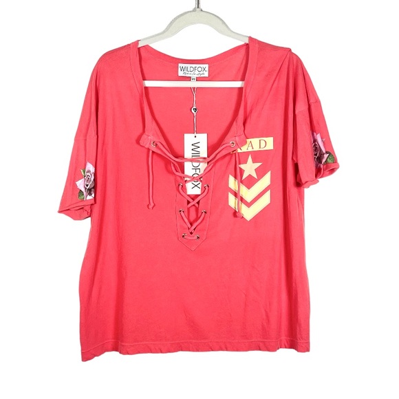 WILDFOX Womens Top Rad Maxwell Short Sleeves Red Size XS pink red lace up - Picture 6 of 16